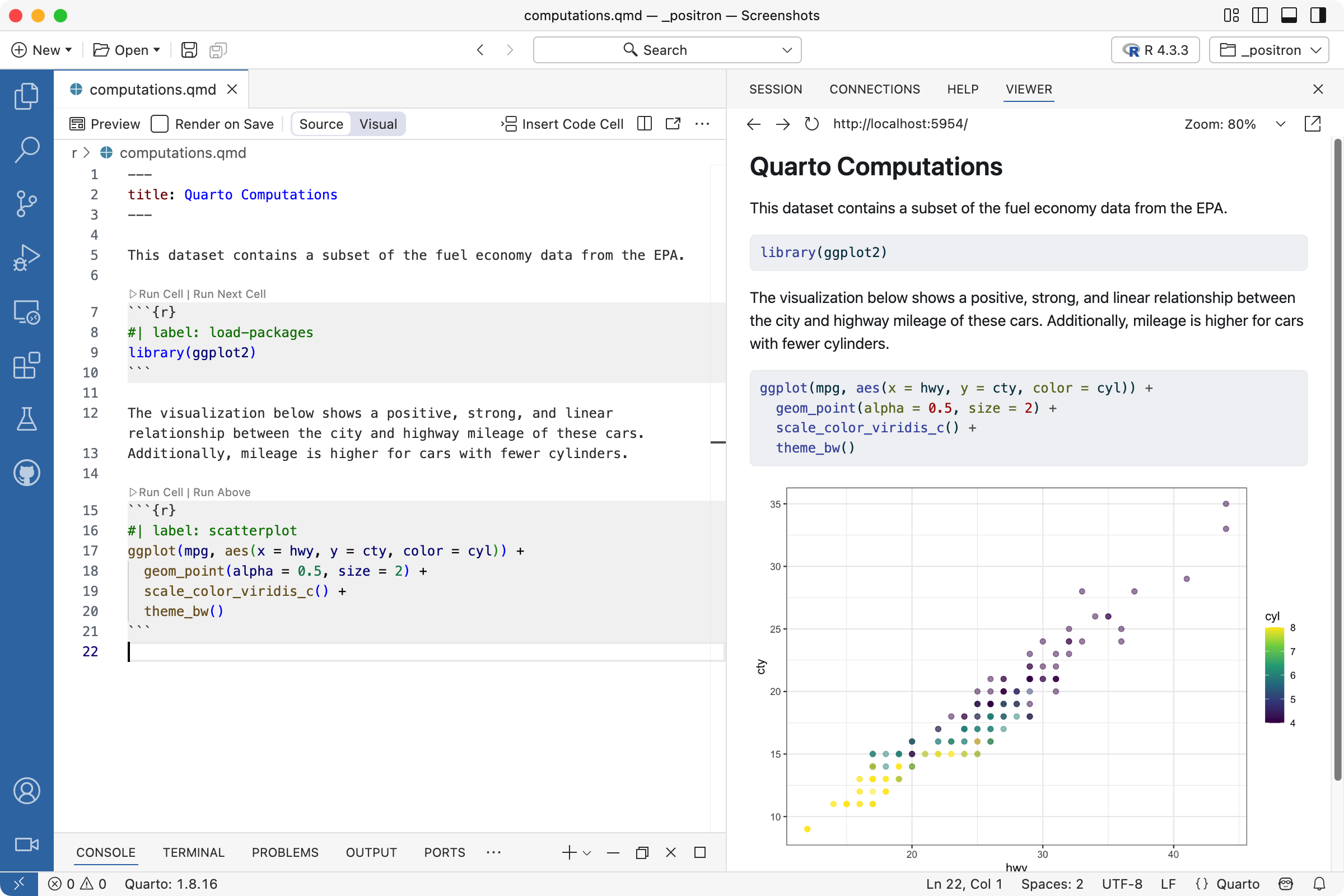 Positron with `computations.qmd` open in the Editor. The document is being previewed in the Viewer.