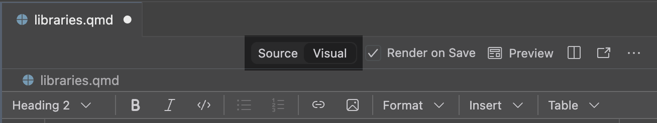 The toolbar in Positron with the Source and Visual buttons highlighted.